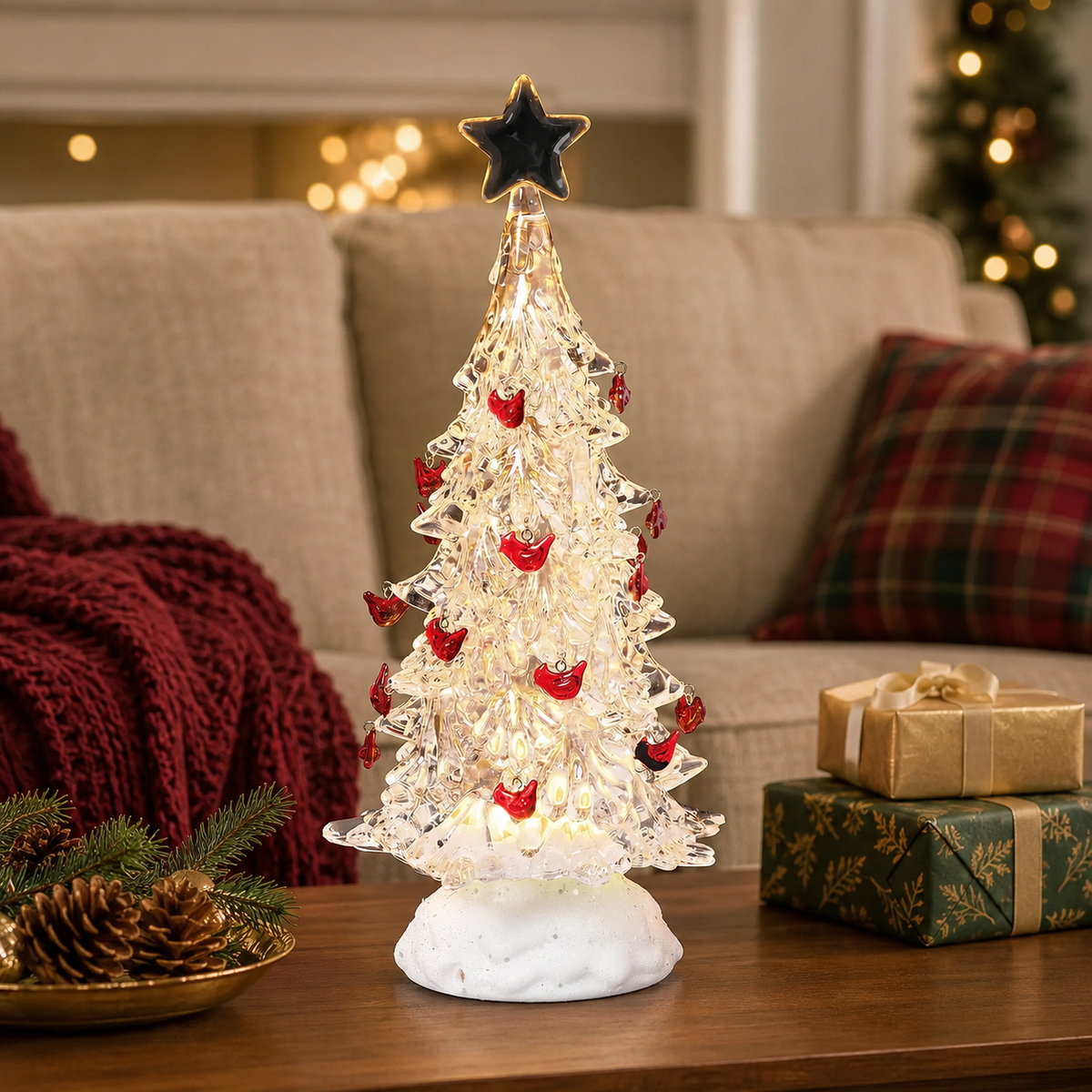Clear Lighted Tree with Cardinal Ornaments