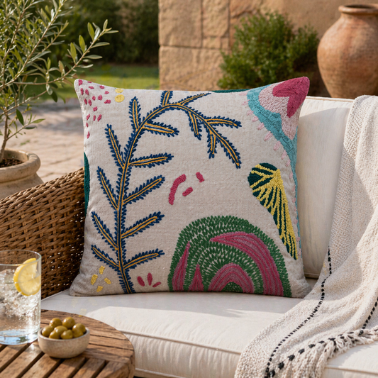 20" Square Hand-Woven Fabric Indoor/Outdoor Pillow with Embroidery