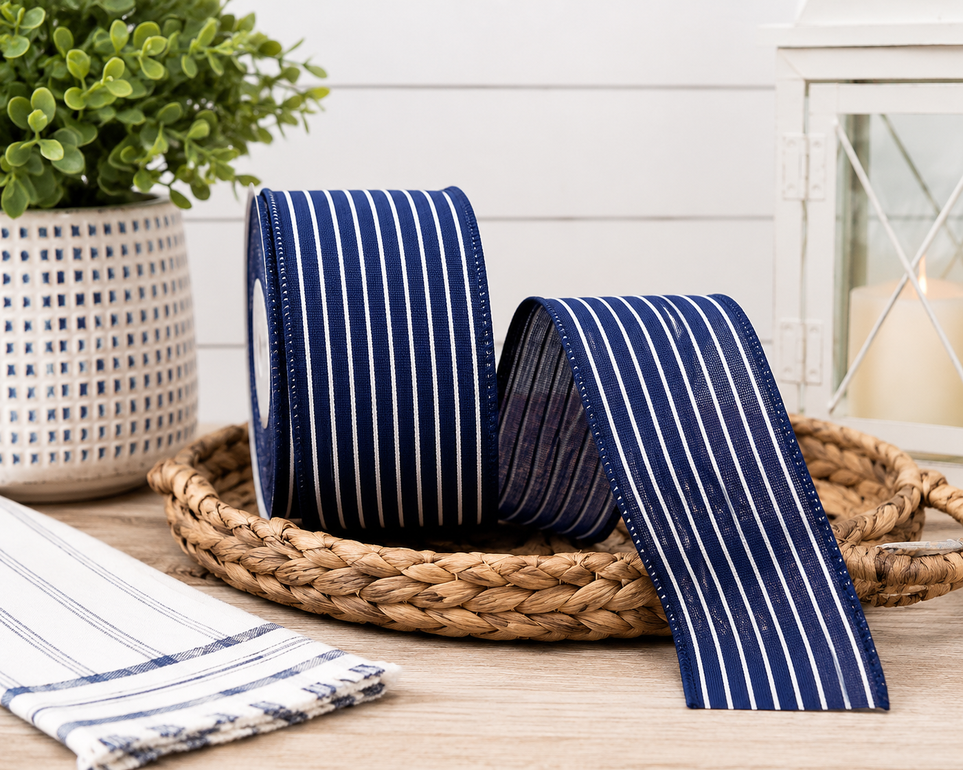 Thin Stripe Wired Ribbon, 2-1/2 Inch X 10 Yards, Navy