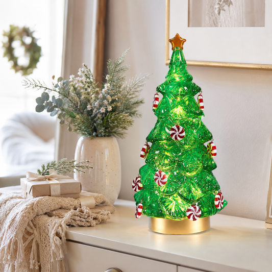 12"H LIGHTED SWIRL GREEN TREE WITH PEPPERMINT ORNAMENTS