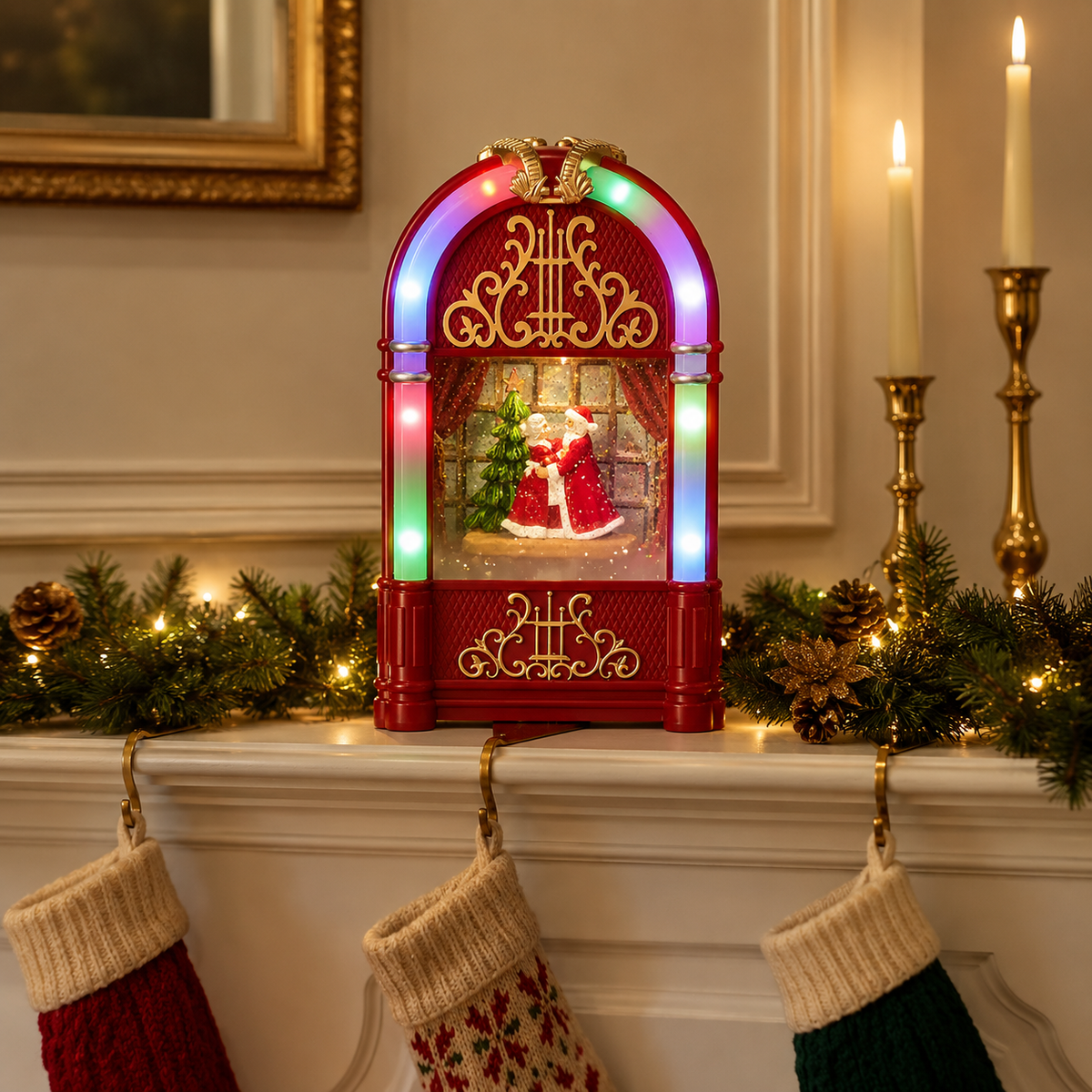 Dancing Santa & Mrs Claus Lighted Swirling Glitter Juke Box