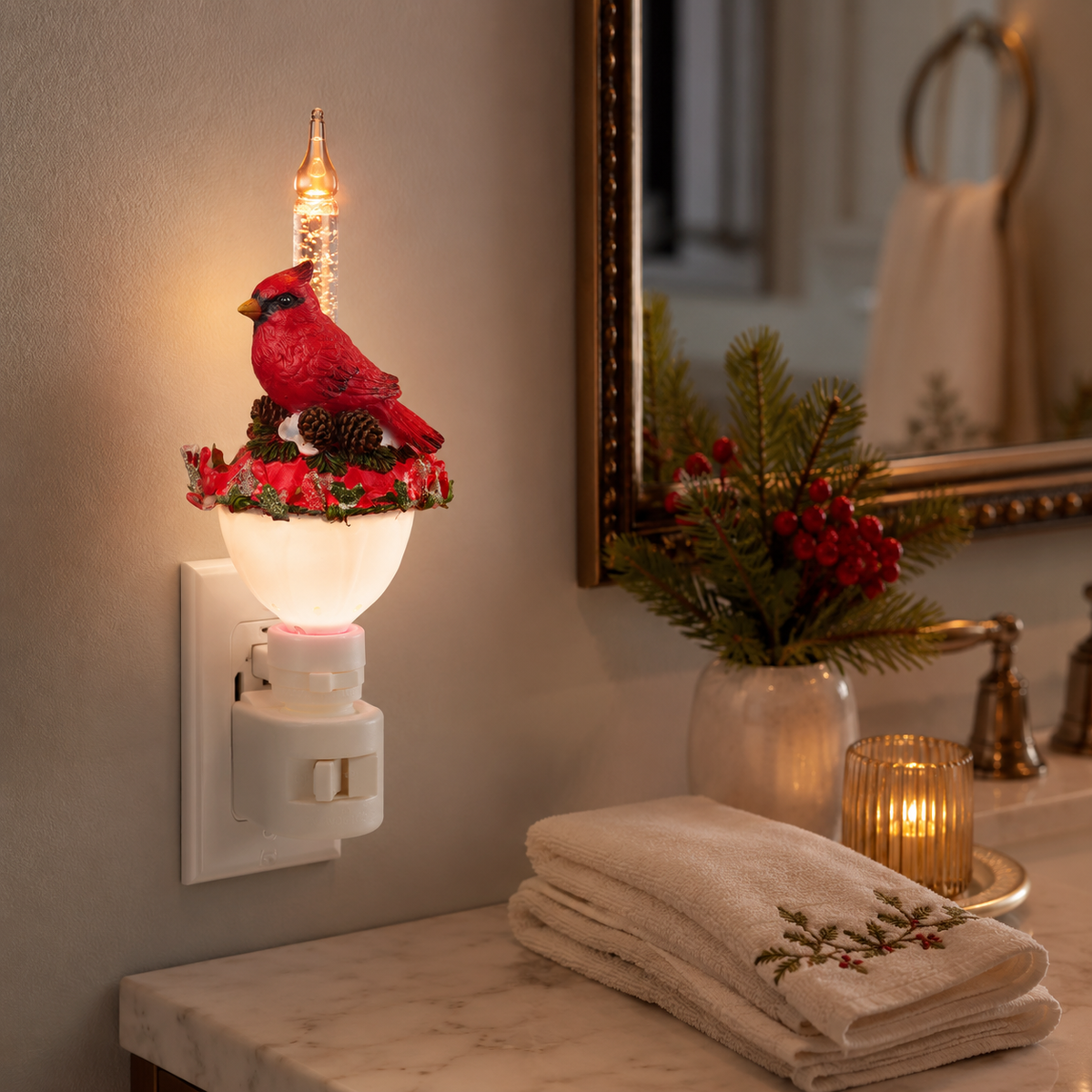 Roman Lights Cardinal with Holly Bubble Night-Light