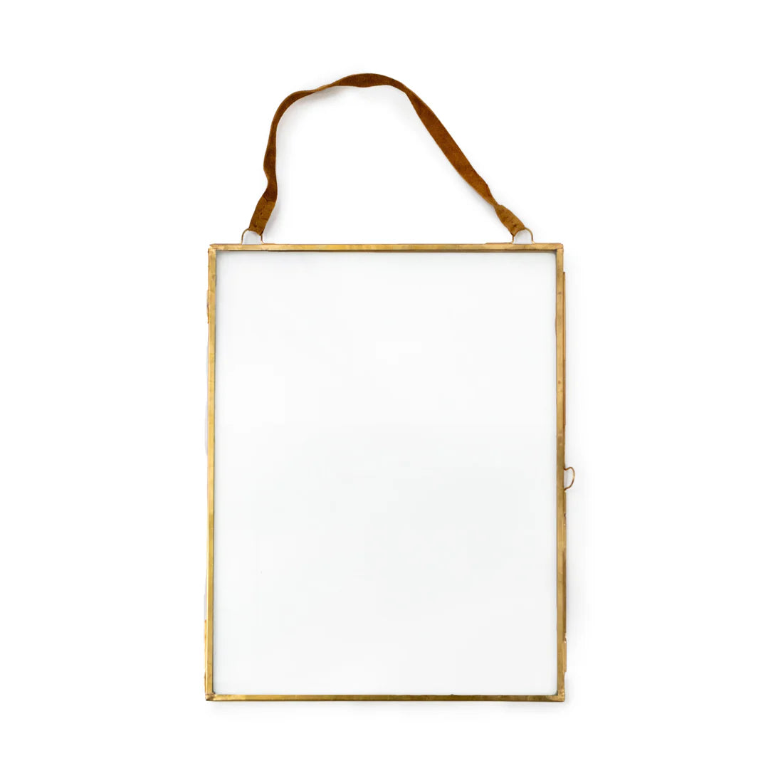 Glass & Brass Metal Wall Hanging Frame w/ Brown Suede