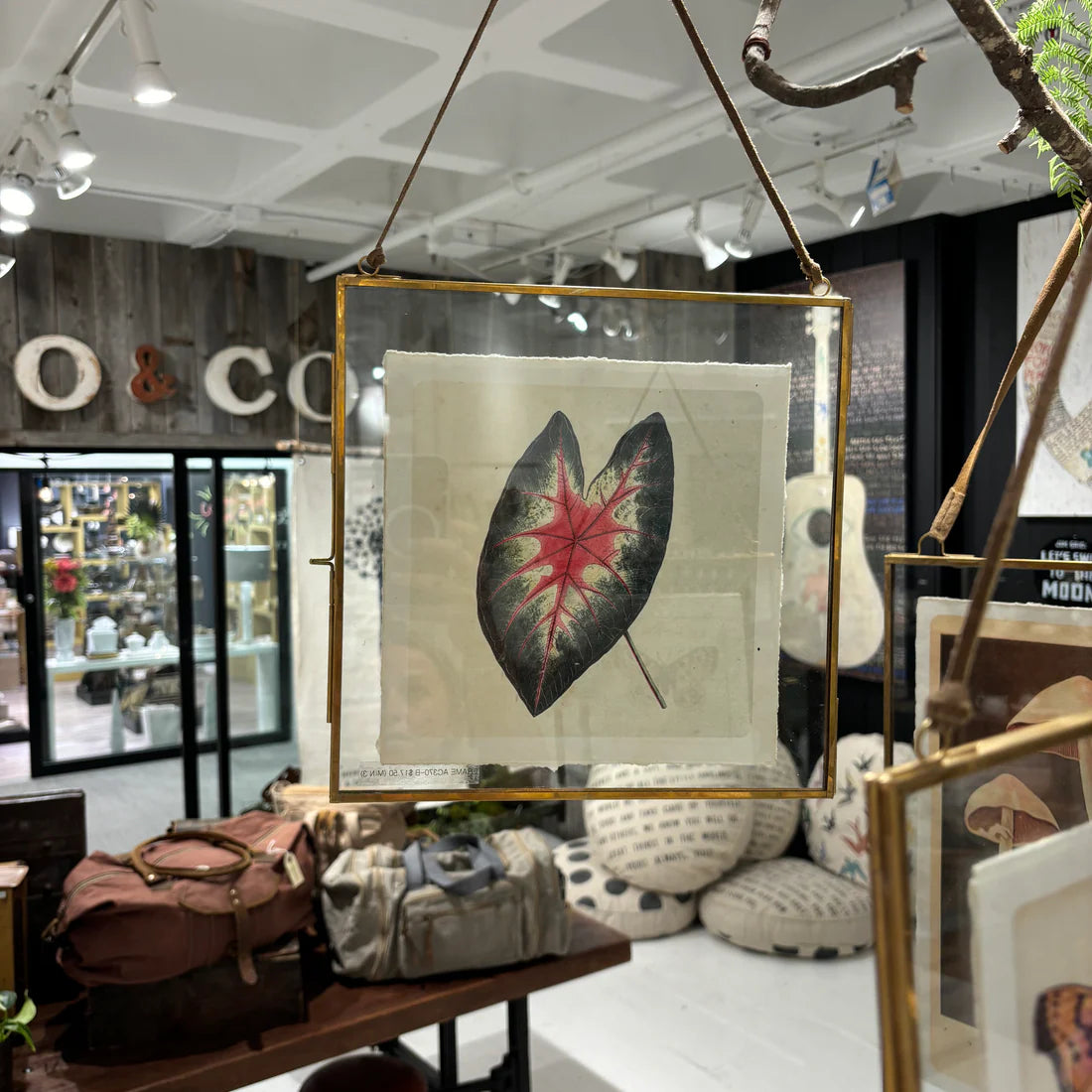 Glass & Brass Metal Wall Hanging Frame w/ Brown Suede