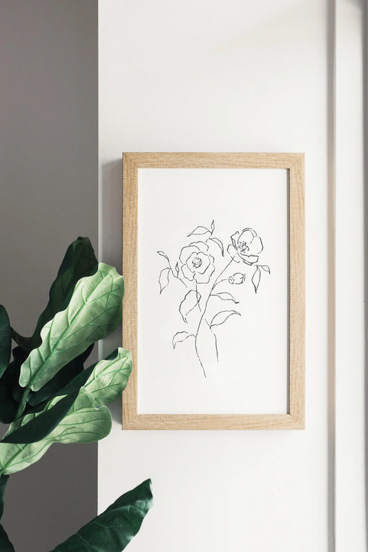 Pencil Flower Print in Rustic Brown Frame