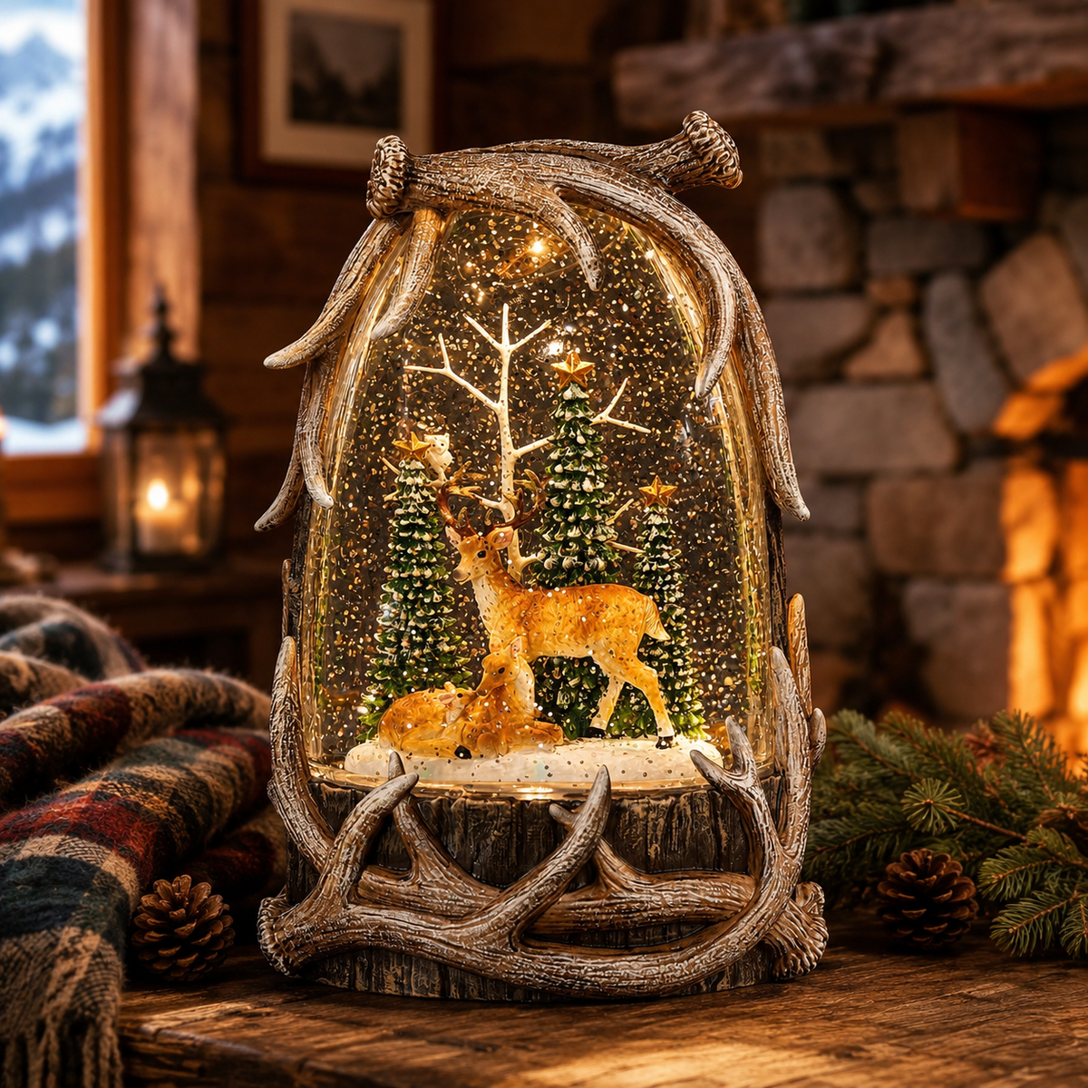 LIGHTED SWIRL ANTLER CASING; DEER FAMILY IN FOREST
