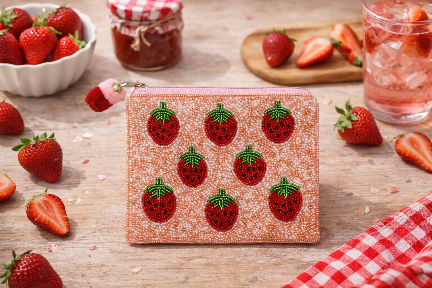 Multi Strawberries Beaded Coin Pouch