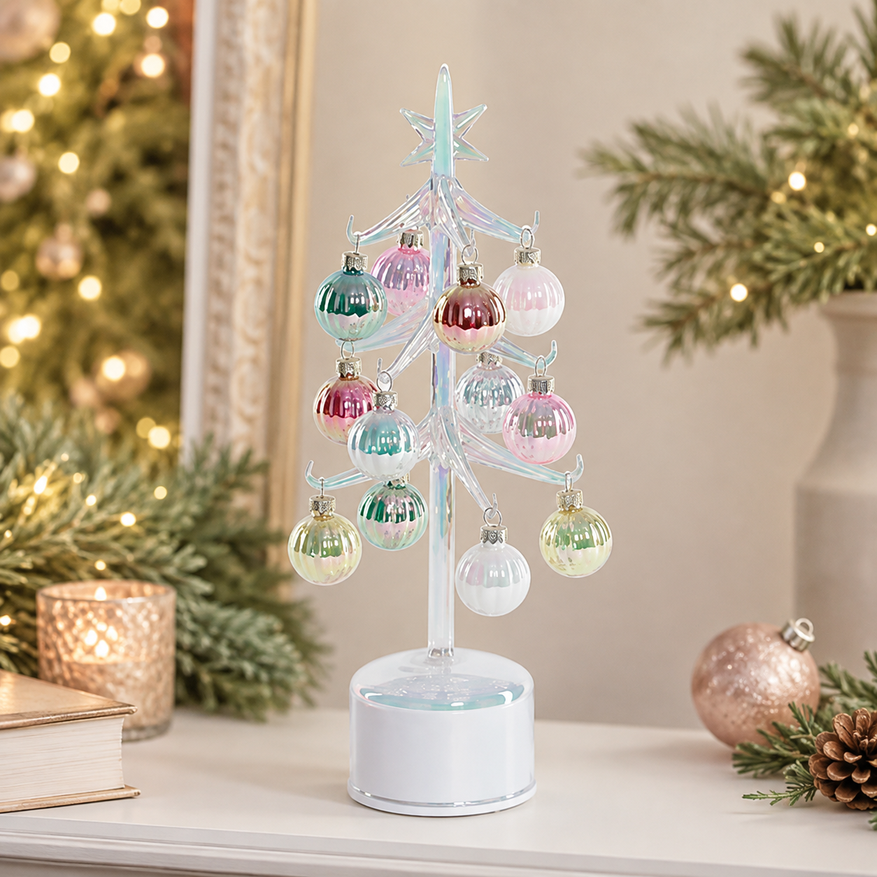 Rotating Glass Tree with Ornaments