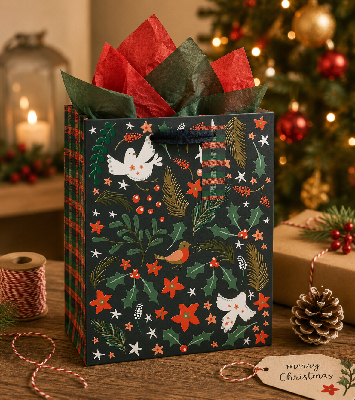 Medium Vertical Gift Bag Holly Birds