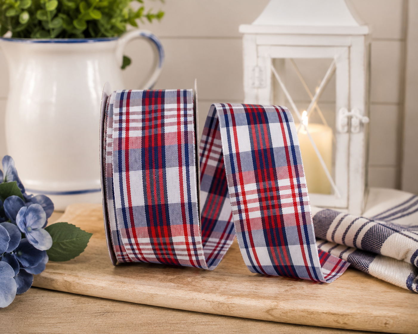 Patriotic Plaid Woven Wired Edge, White, 1-1/2 In, 20 Yards