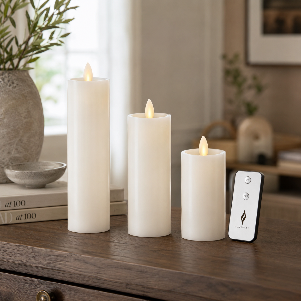 Set of 3 White Wax Luminara Slim Indoor Pillar Candles w/Remote