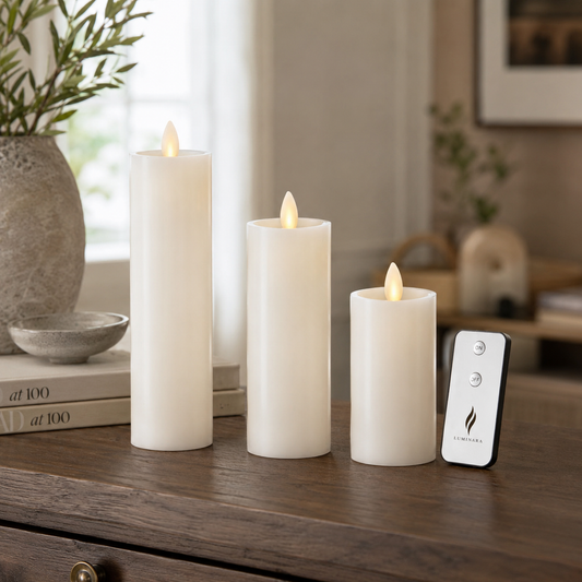Set of 3 White Wax Luminara Slim Indoor Pillar Candles w/Remote