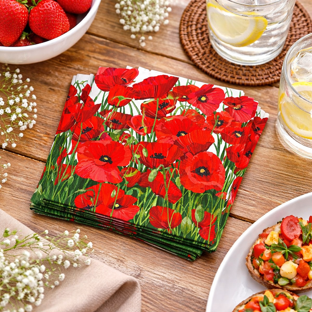 Red Poppies Beverage Napkin