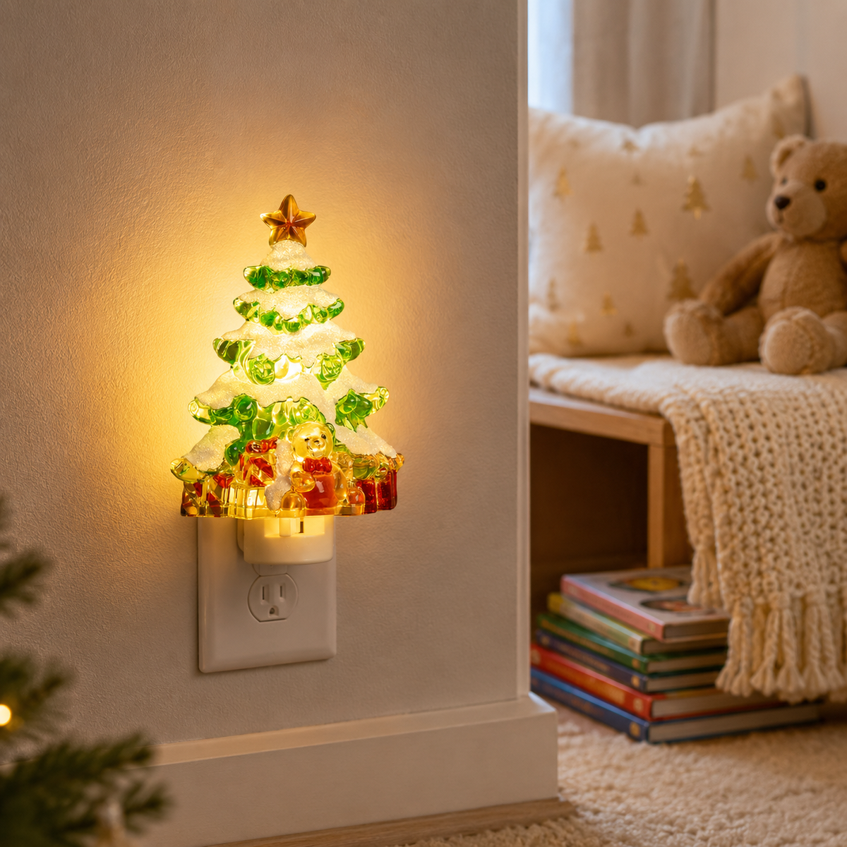 Roman Lights Snow-Covered Christmas Tree Night-Light