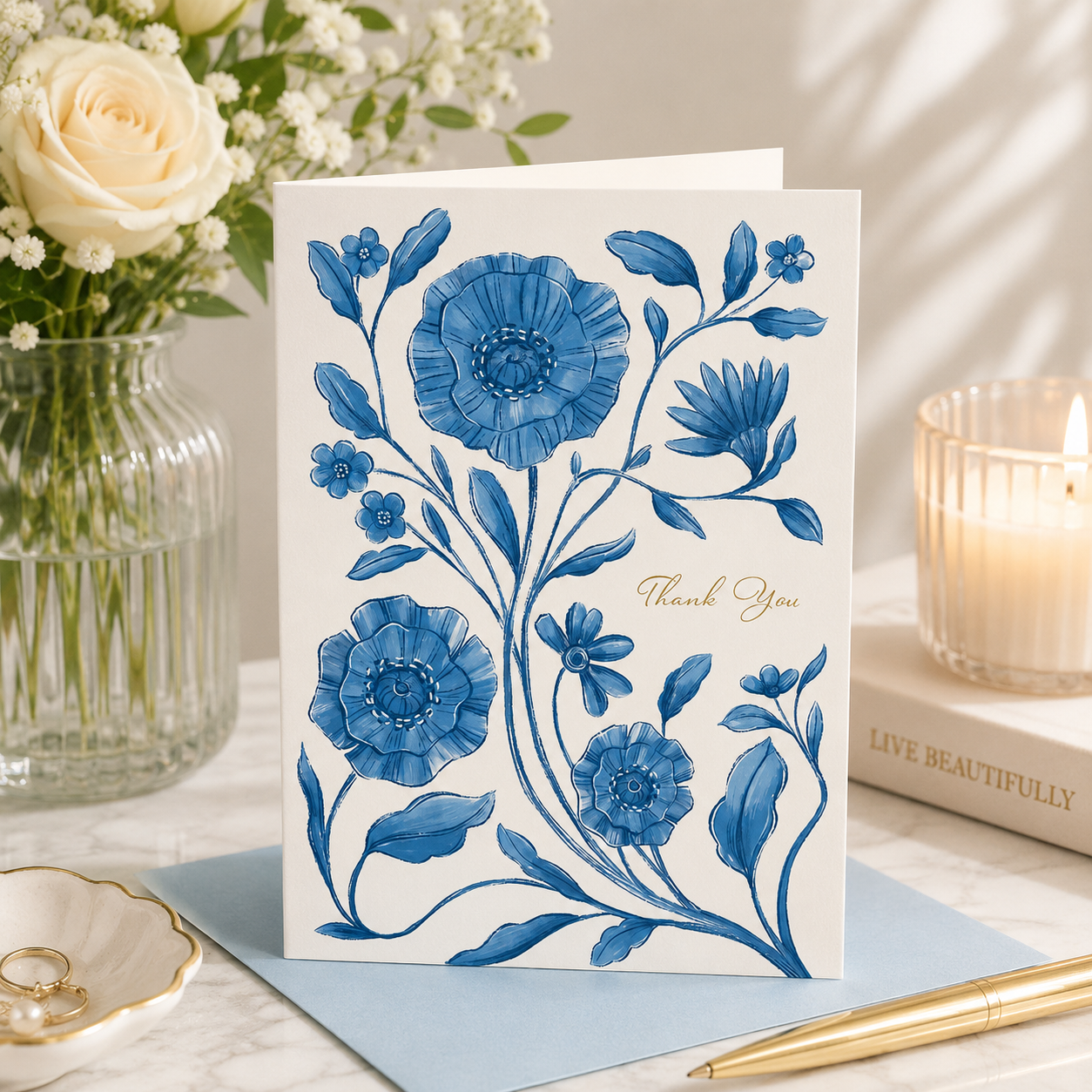 Greeting Card Thank You Blue Floral