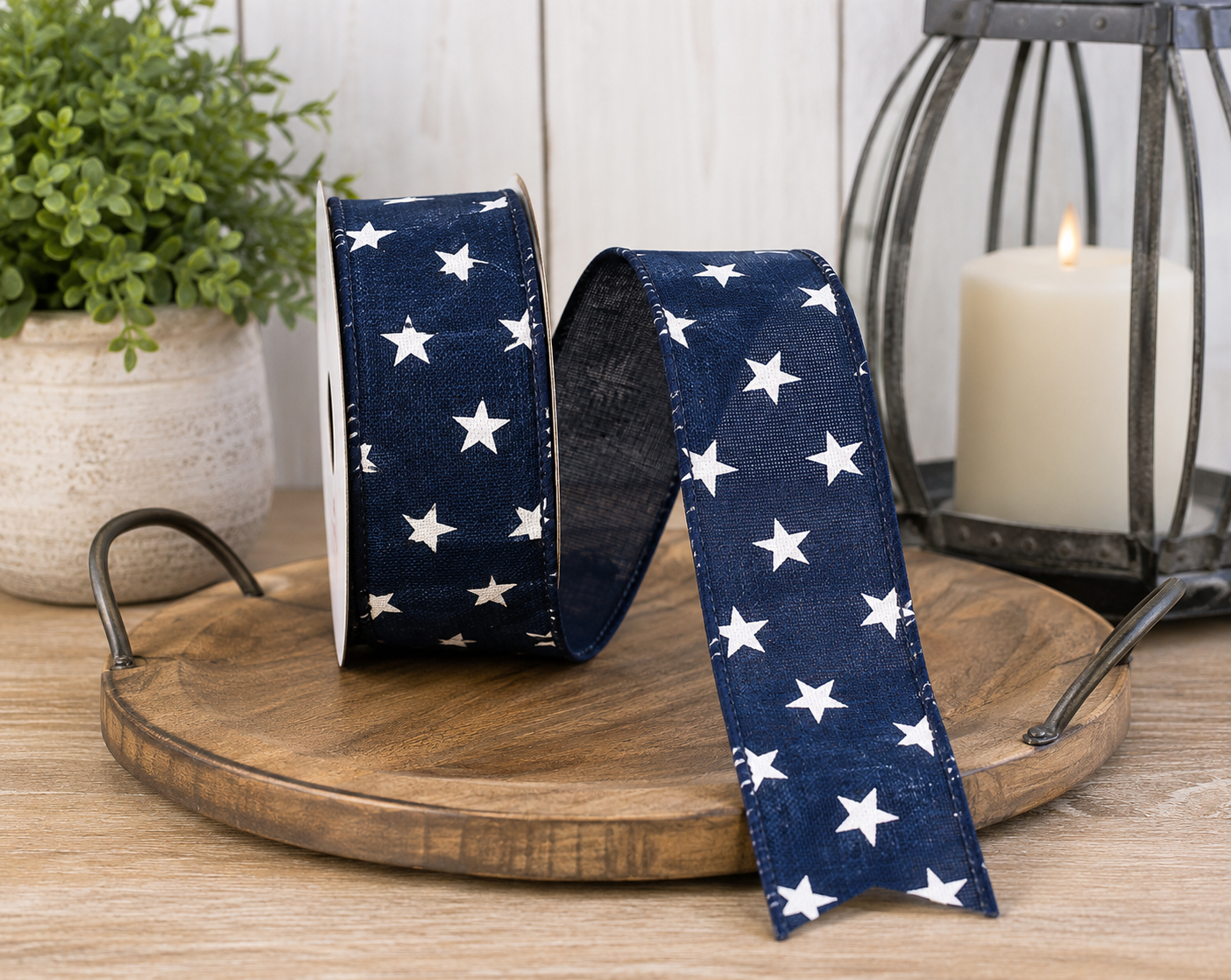 1.5" x 20 Yards Stars Tossed Linen Ribbon