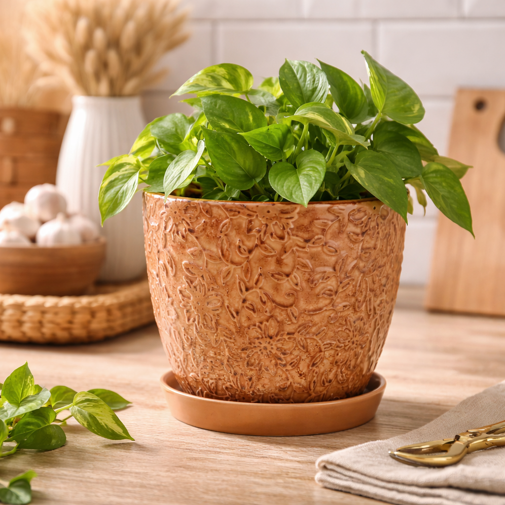 Large Gold Embossed Vine Planter with Saucer