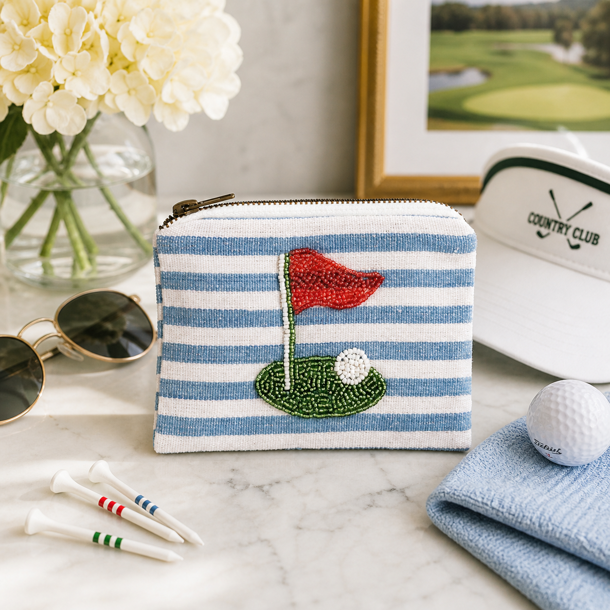 Blue Stripe Golf Beaded Pouch