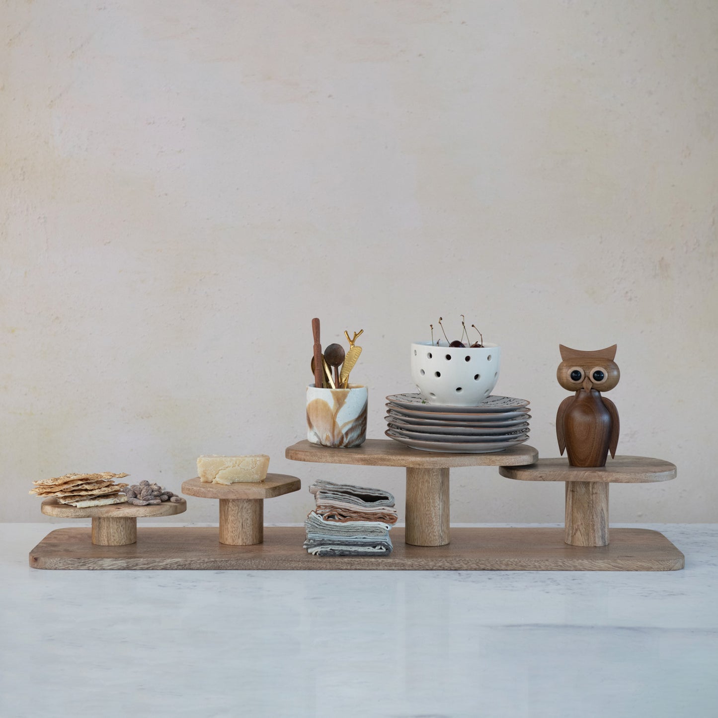 Mango Wood Serving Board w/ 4 Attached Organic Shaped Pedestals, Natural