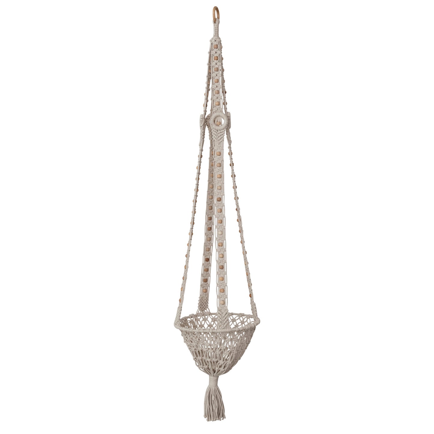 Cotton Macrame Plant Hanger with Wood Beads & Tassel, Natural