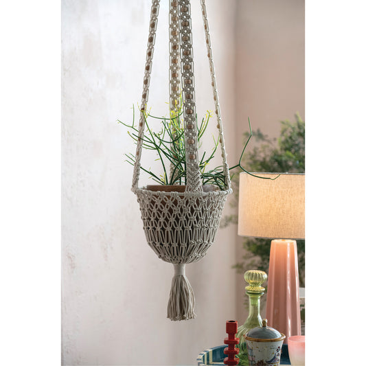 Cotton Macrame Plant Hanger with Wood Beads & Tassel, Natural