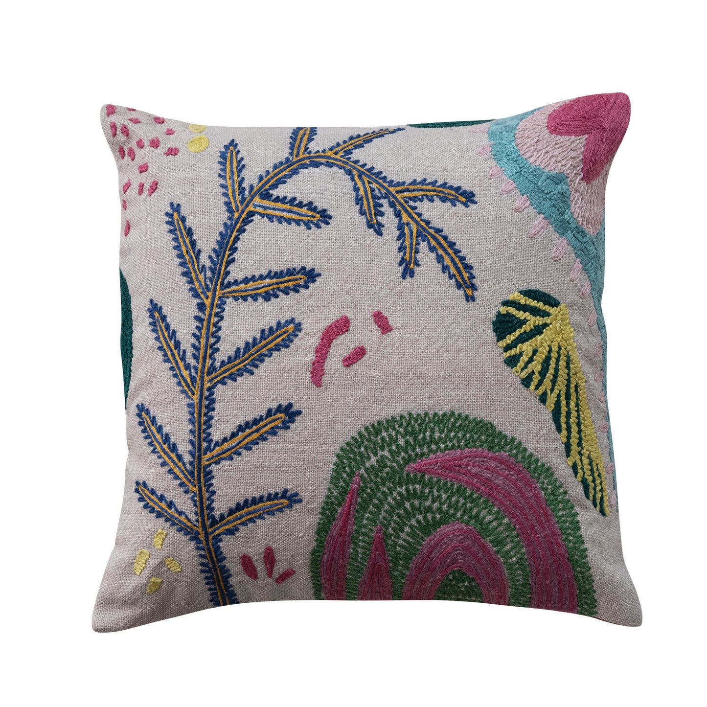 20" Square Hand-Woven Fabric Indoor/Outdoor Pillow with Embroidery