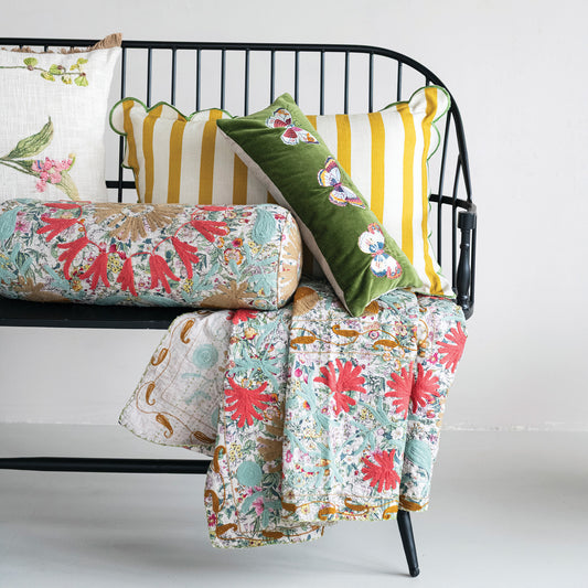 Cotton Velvet Lumbar Pillow with Embroidered Butterflies & Chambray Back