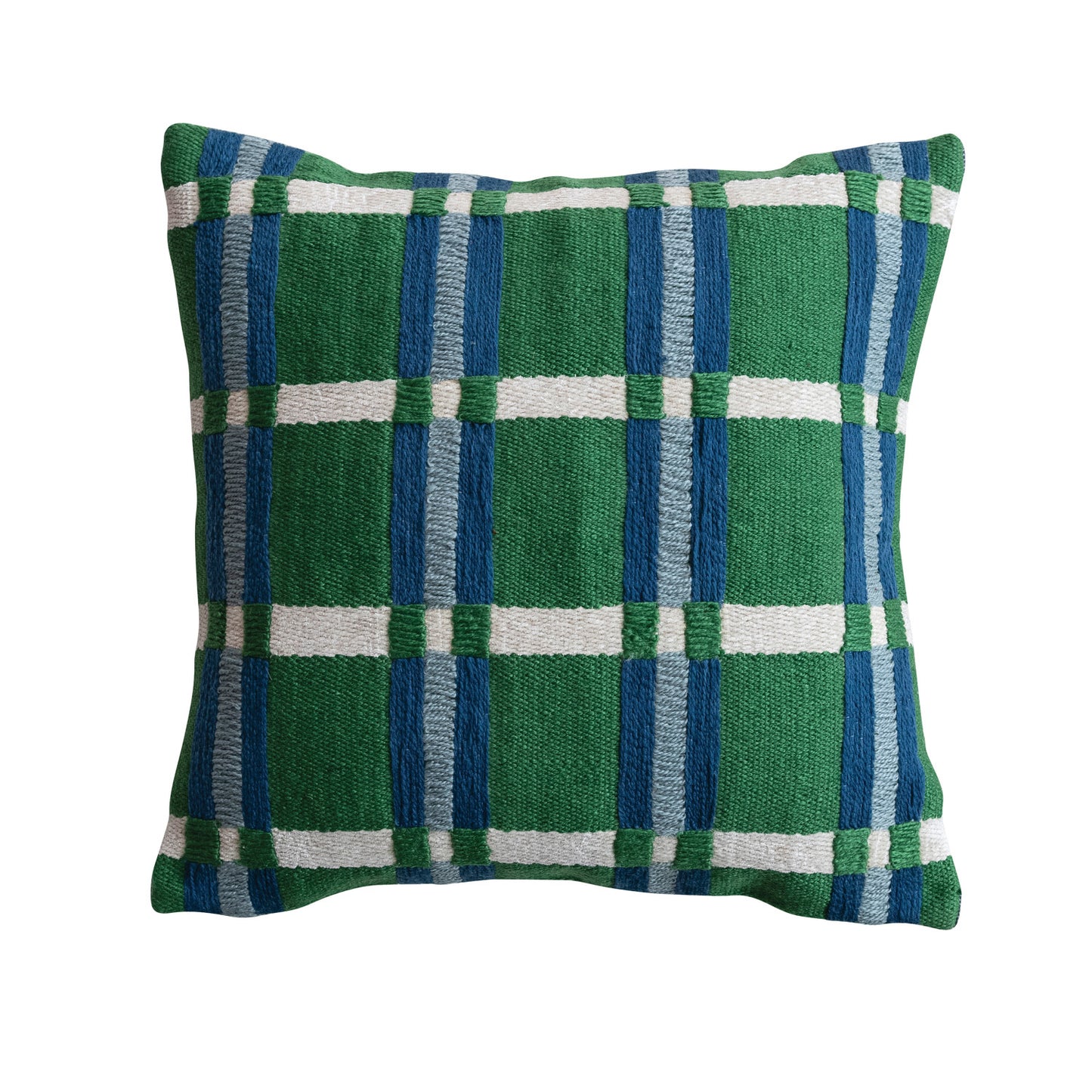 18" Square Woven Fabric Pillow with Embroidery & Plaid Pattern