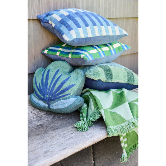18" Square Woven Fabric Pillow with Embroidery & Plaid Pattern