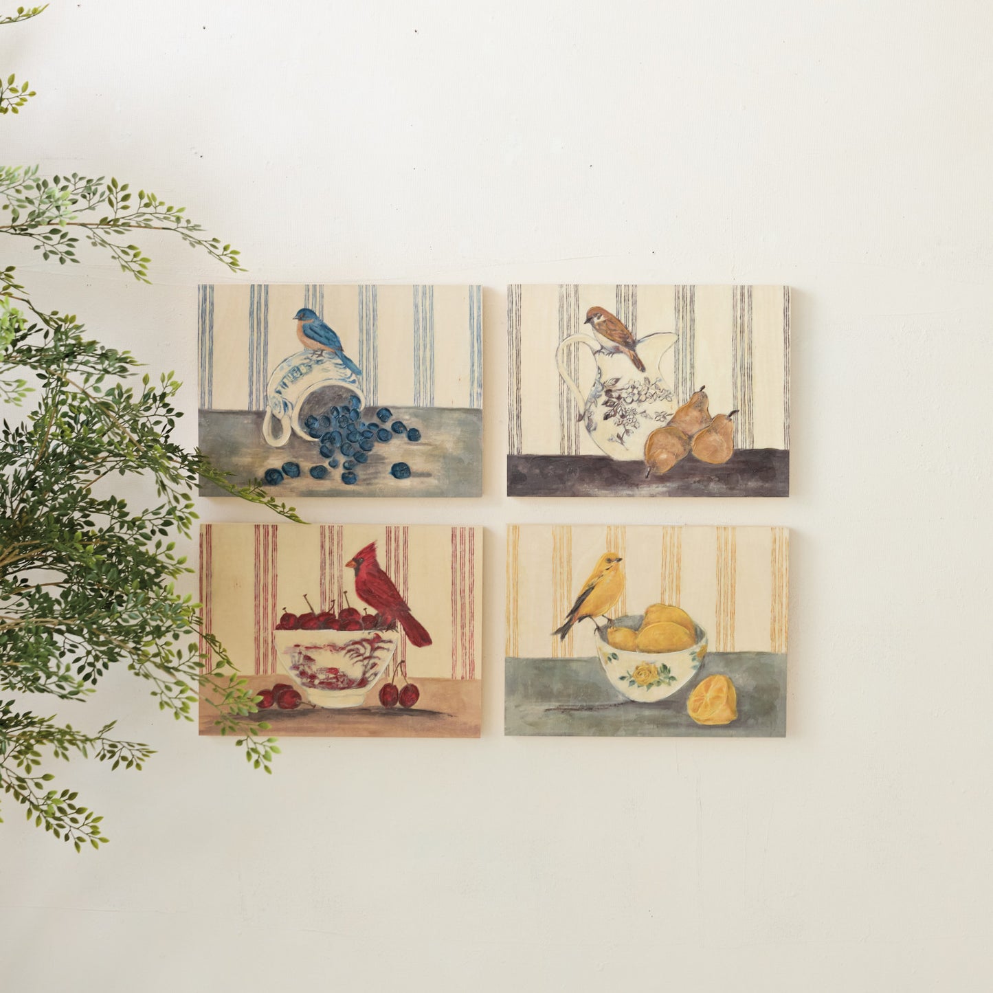 Hand-Painted Wood Wall Decor with Bird on Dish