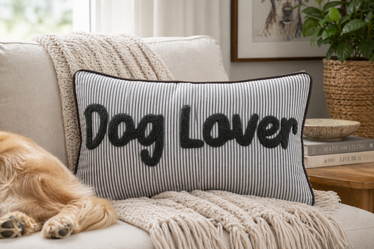 Cotton Blend Printed Striped Lumbar Pillow w/ Piping & Tufted "Dog Lover"