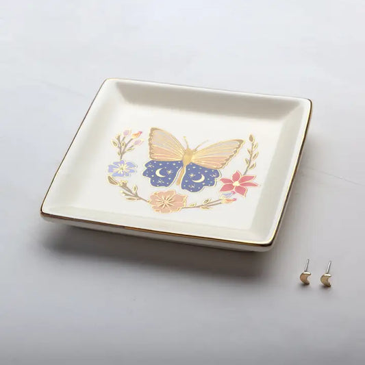 Jewelry Dish & Stud Earring Set - Butterfly/Cream