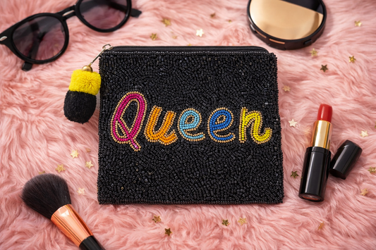 Queen Rainbow Black Beaded Coin Pouch