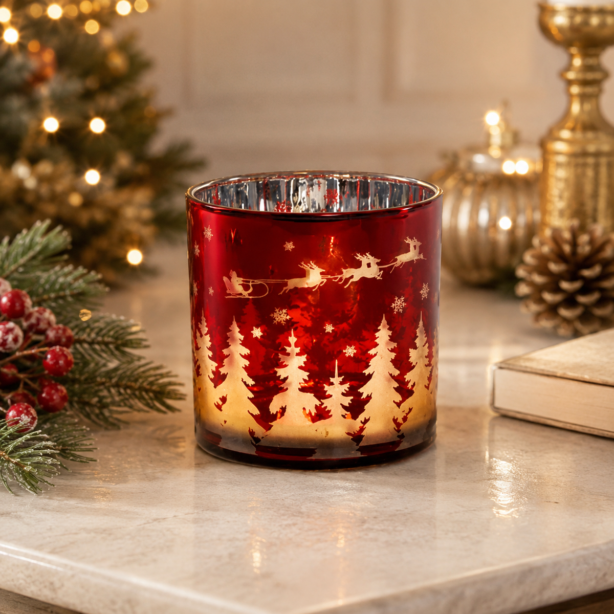 Santa and Sleigh Glass Hurricane