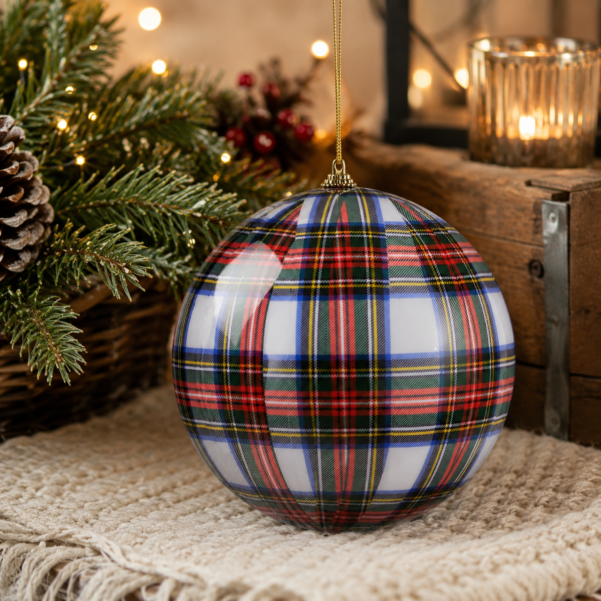 White Plaid Ball Ornament