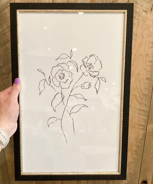 Flower Drawing in Black Frame with Gold