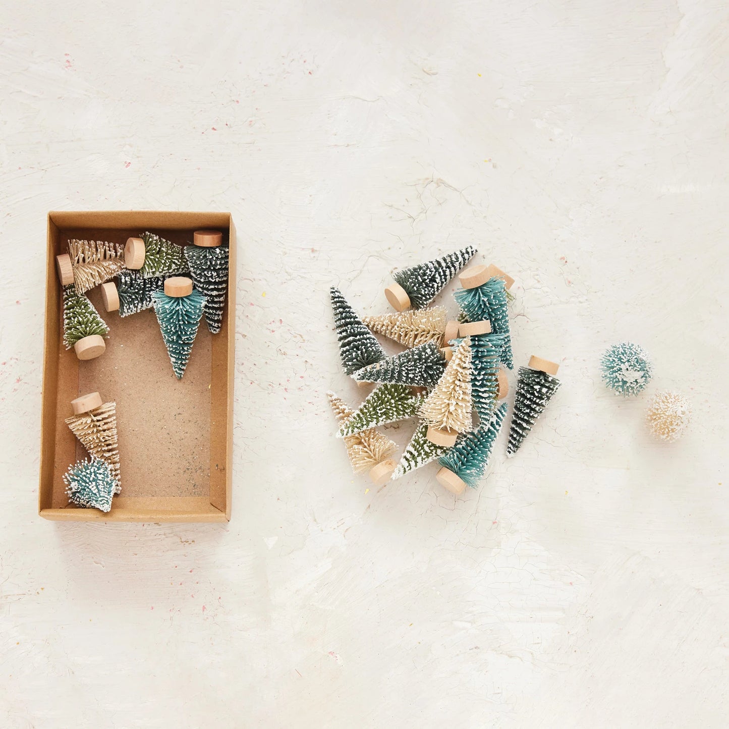 Plastic Bottle Brush Trees with Wood Bases, Snow Finish, Boxed Set of 24