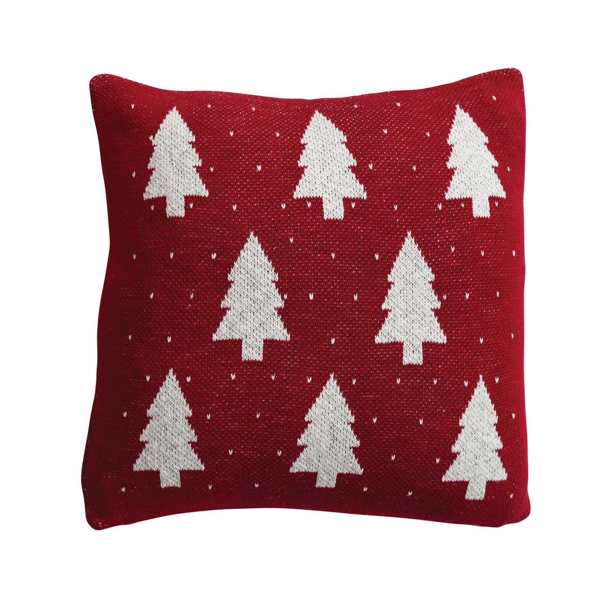 18" Square Cotton Knit Pillow with Tree & Heart Pattern, Red & Natural