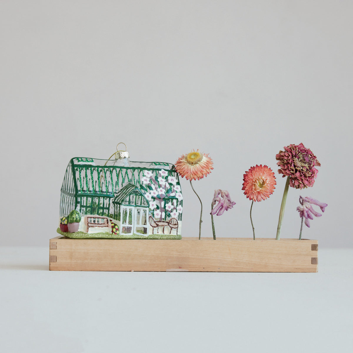 Hand-Painted Glass Greenhouse Ornament with Glitter