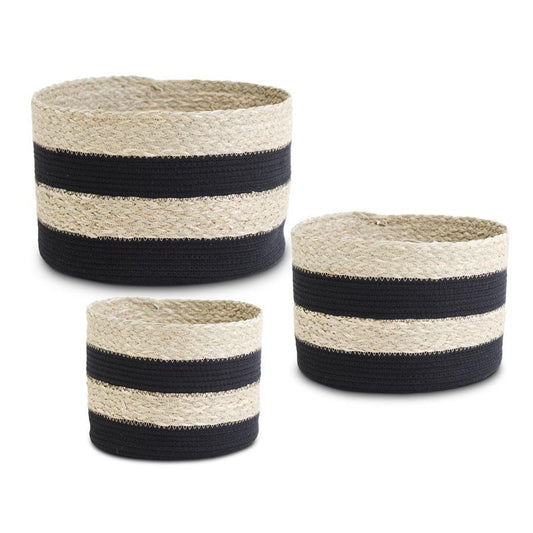 Round Black Striped Seagrass and Cotton Rope Baskets