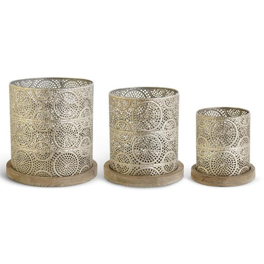 Champagne Punched Metal Nesting Baskets w/ Wood Base