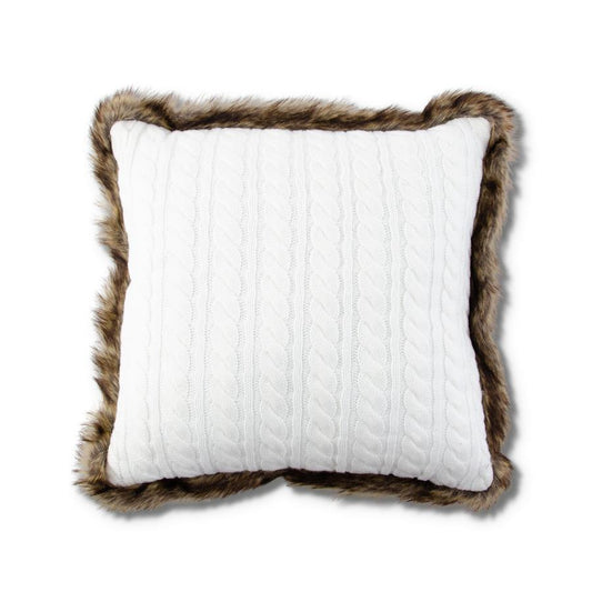 White Cable Knit Pillow w/ Brown Fur