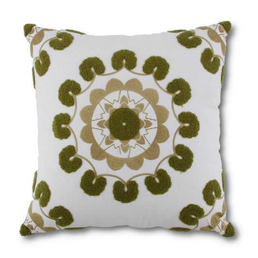 17.5in Square White Pillow w/ Green Embroidered Medallion