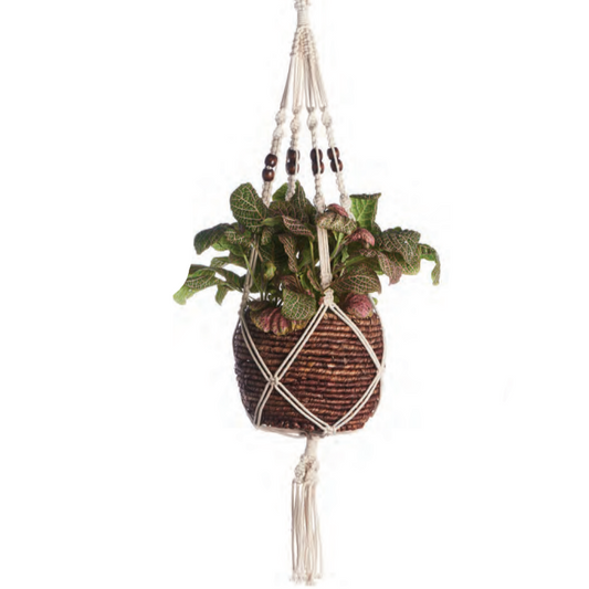 Brown Beaded Cotton Woven Plant Hanger 42"
